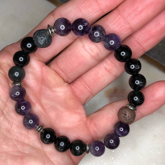 Healing bracelet Amethyst Black Obsidian Lava bead - Picture 3 of 8